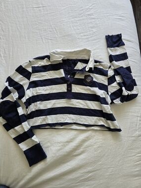 Vintage Women's Navy & White Striped Cropped Rugby Polo Shirt - Long Sleeve